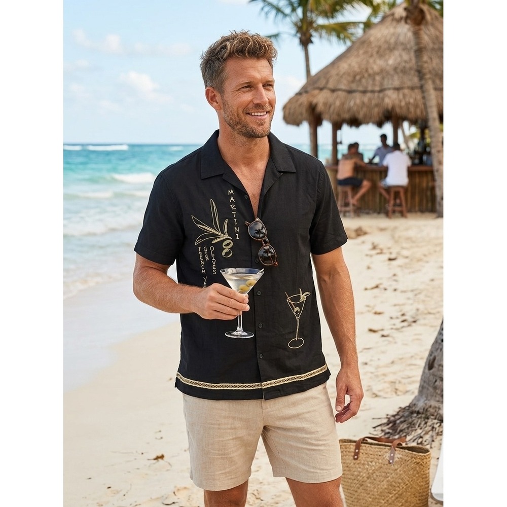 MBX Premium Goods Mens Martini Embroidered Cotton Camp Shirt Black Med XWS7056
